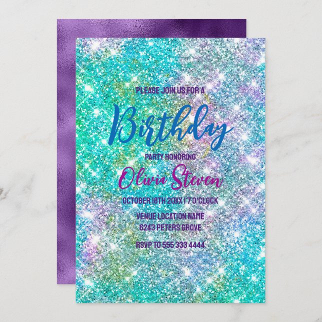 Cute iridescent unicorn blue faux glitter monogram invitation (Front/Back)