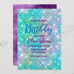 Cute iridescent unicorn blue faux glitter monogram invitation