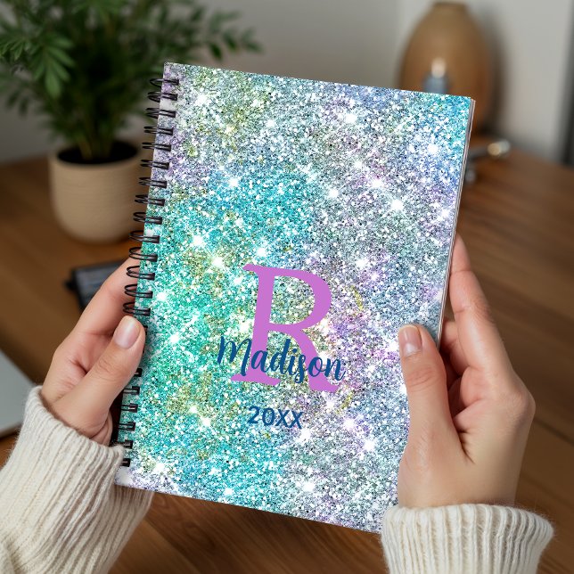 Cute iridescent unicorn blue faux glitter monogram planner (Creator Uploaded)