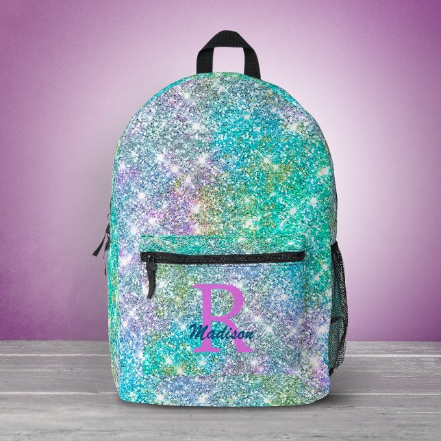 Cute iridescent unicorn blue faux glitter monogram printed backpack (Creator Uploaded)