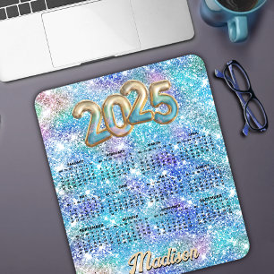 Cute iridescent unicorn blue glitter 2025 calendar mouse pad