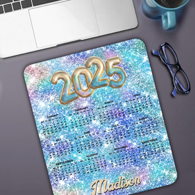 Cute iridescent unicorn blue glitter 2025 calendar mouse pad (Creator Uploaded)