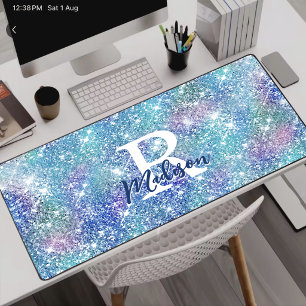 Cute iridescent unicorn blue pink glitter monogram desk mat