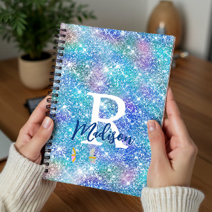 Cute iridescent unicorn blue pink glitter monogram planner