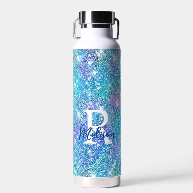 Cute iridescent unicorn blue pink glitter monogram water bottle (Front)