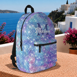 Cute iridescent unicorn blue purple glitter printed backpack