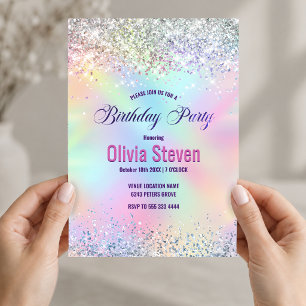 Cute iridescent unicorn faux glitter monogram invitation