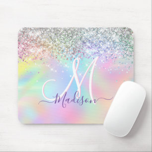 Cute iridescent unicorn faux glitter monogram mouse pad