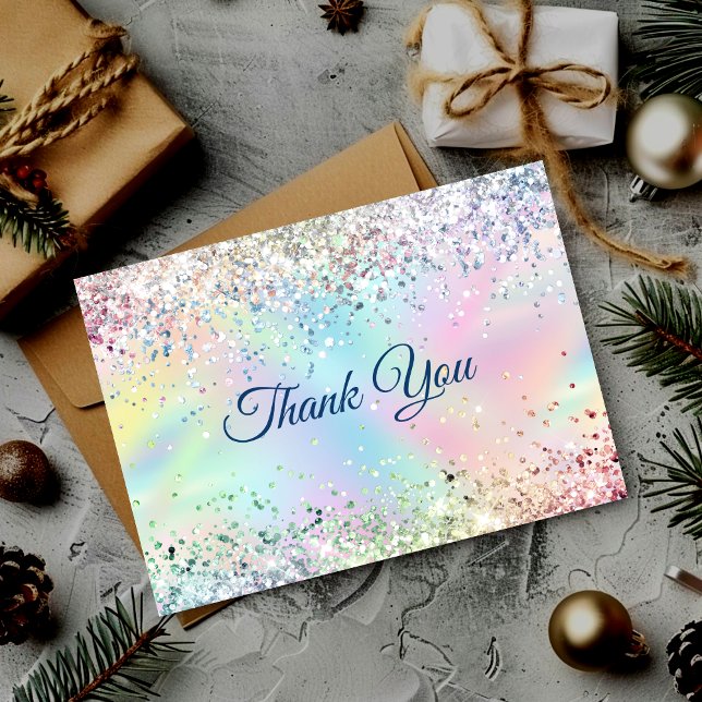 Cute iridescent unicorn faux glitter thank you card (Creator Uploaded)