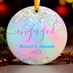 Cute iridescent unicorn glitter Christmas engaged Ceramic Ornament