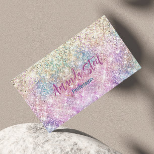 Cute iridescent unicorn gold glitter business card