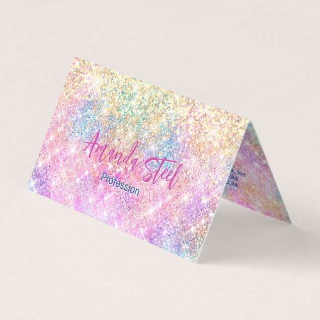 Cute iridescent unicorn gold glitter business card (Front)