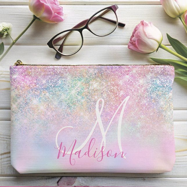 Cute iridescent unicorn ombre glitter monogram accessory pouch (Creator Uploaded)