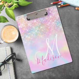 Cute iridescent unicorn ombre glitter monogram clipboard