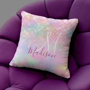 Cute iridescent unicorn ombre glitter monogram cushion
