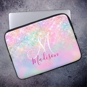 Cute iridescent unicorn ombre glitter monogram laptop sleeve