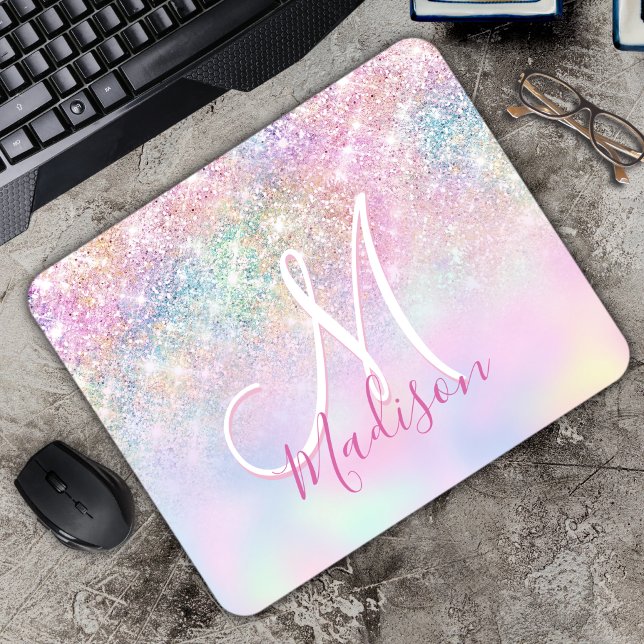 Cute iridescent unicorn ombre glitter monogram mouse pad (Creator Uploaded)