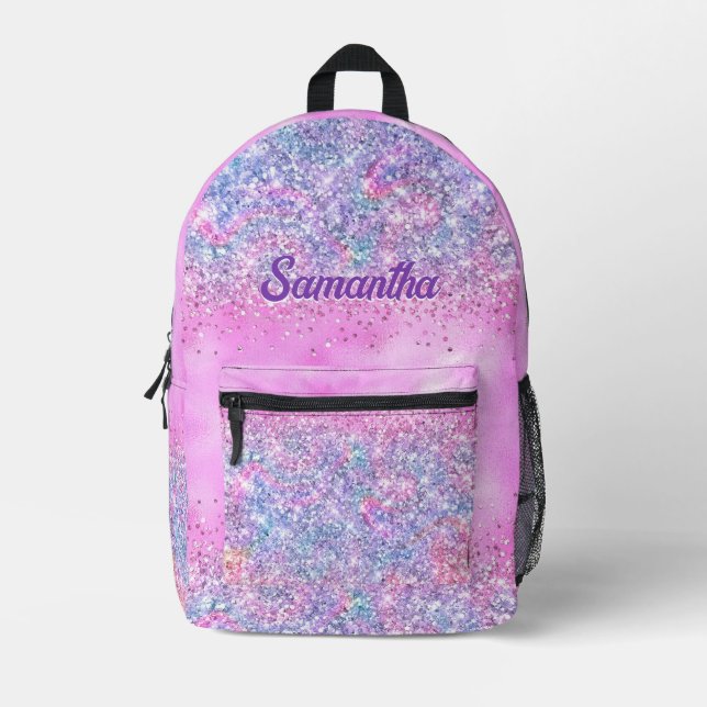 Cute iridescent unicorn ombre glitter monogram  printed backpack (Front)