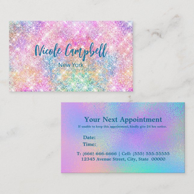 Cute iridescent unicorn pink faux glitter monogram appointment card (Front/Back)