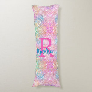 Cute iridescent unicorn pink faux glitter monogram body cushion