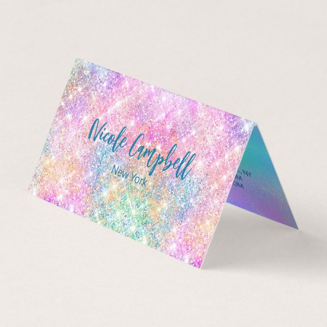 Cute iridescent unicorn pink faux glitter monogram business card (Front)