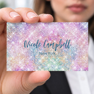 Cute iridescent unicorn pink faux glitter monogram business card