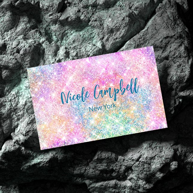 Cute iridescent unicorn pink faux glitter monogram business card (Creator Uploaded)