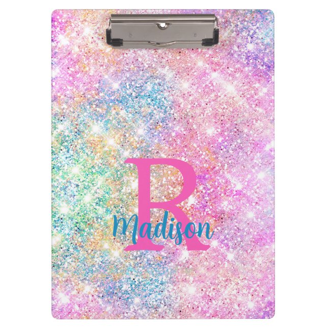 Cute iridescent unicorn pink faux glitter monogram clipboard (Front)