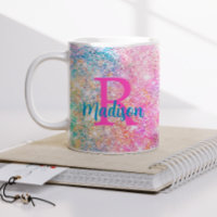 Cute iridescent unicorn pink faux glitter monogram
