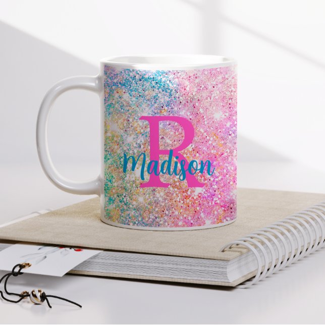 Cute iridescent unicorn pink faux glitter monogram coffee mug (Creator Uploaded)