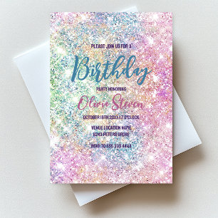 Cute iridescent unicorn pink faux glitter monogram invitation