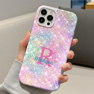 Cute iridescent unicorn pink faux glitter monogram iPhone 13 case