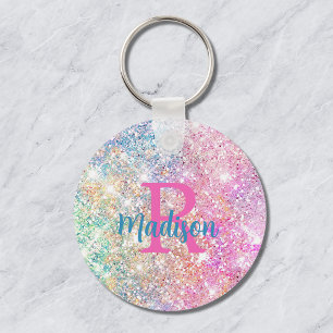 Cute iridescent unicorn pink faux glitter monogram key ring