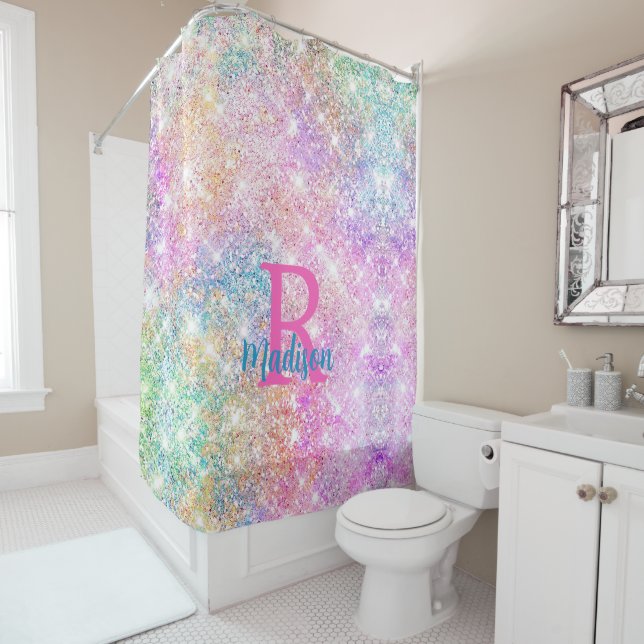 Cute iridescent unicorn pink faux glitter monogram shower curtain (In Situ)