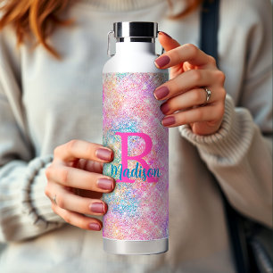 Cute iridescent unicorn pink faux glitter monogram water bottle