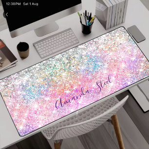 Cute iridescent unicorn pink glitter desk mat