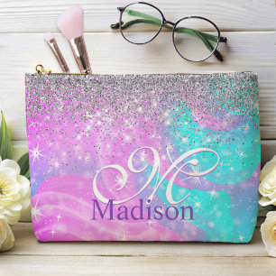 Cute iridescent unicorn silver glitter monogram accessory pouch