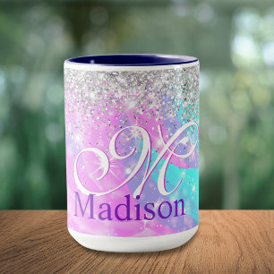 Cute iridescent unicorn silver glitter monogram mug