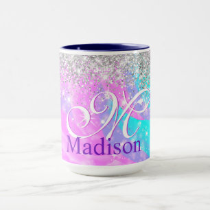 Cute iridescent unicorn silver glitter monogram mug