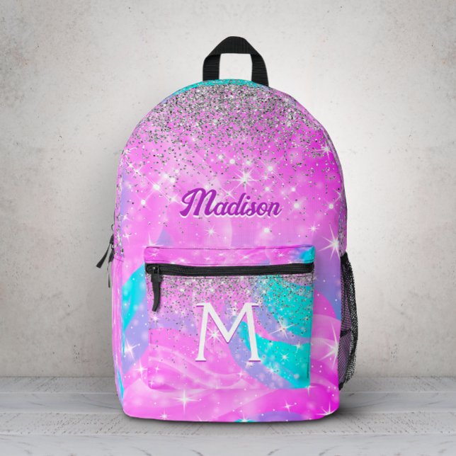 Cute iridescent unicorn silver glitter monogram printed backpack (Creator Uploaded)