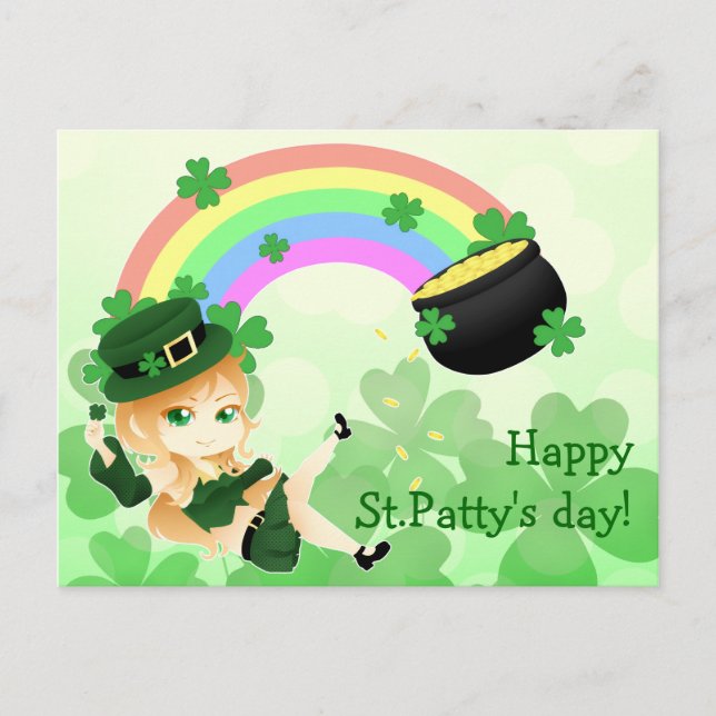 Cute Irish chibi leprechaun girl with pot of gold Postcard (Front)
