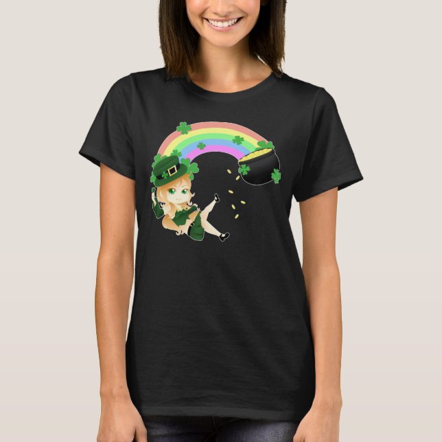 Cute Irish chibi leprechaun girl with pot of gold T-Shirt (Front)