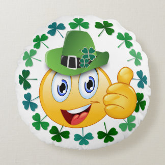Cute Irish Emoji with Shamrock Round Cushion