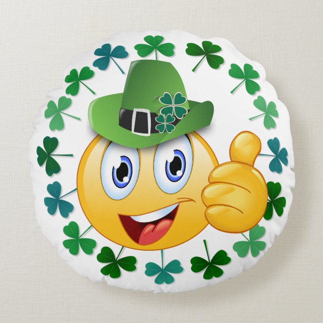 Cute Irish Emoji with Shamrock Round Cushion (Front)