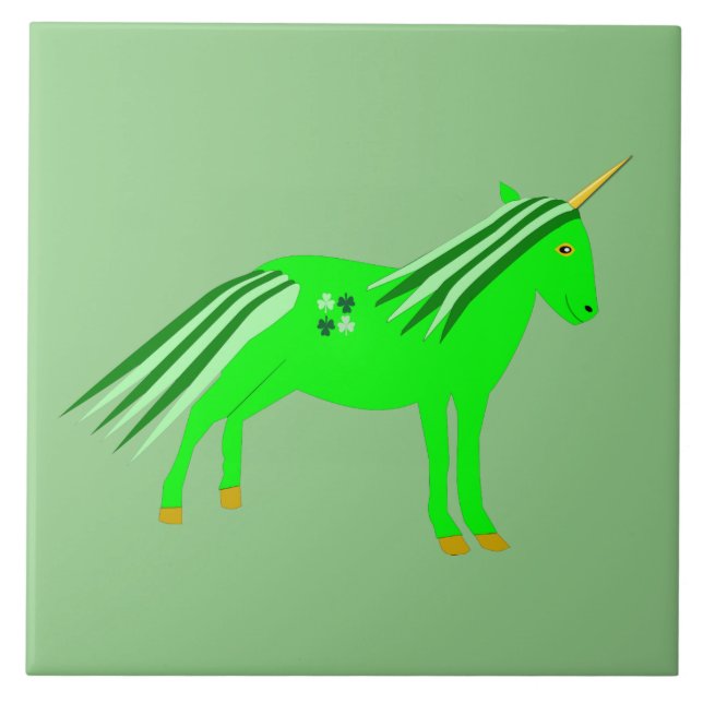 Cute Irish Green and Gold Unicorn Ceramic Tile (Front)
