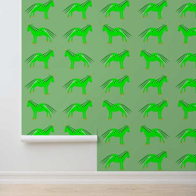 Cute Irish Green and Gold Unicorn Patterned Wallpaper (Application)