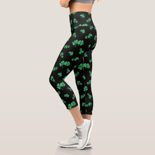 Cute Irish Shamrock Pattern on Black Capri Leggings