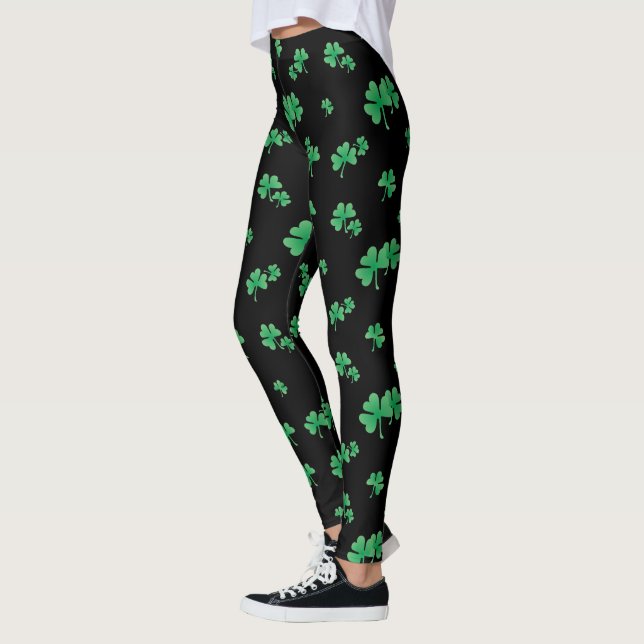 Cute Irish Shamrock Pattern on Black Leggings (Left)