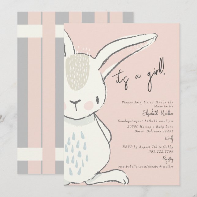 Cute It A Girl Rabbit Pink and Grey Baby Shower  Invitation (Front/Back)