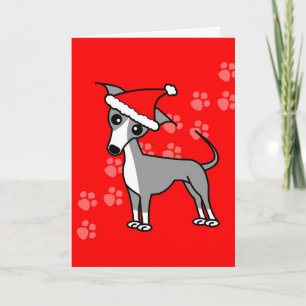 Cute Italian Greyhound Cartoon Red Santa Hat Holiday Card